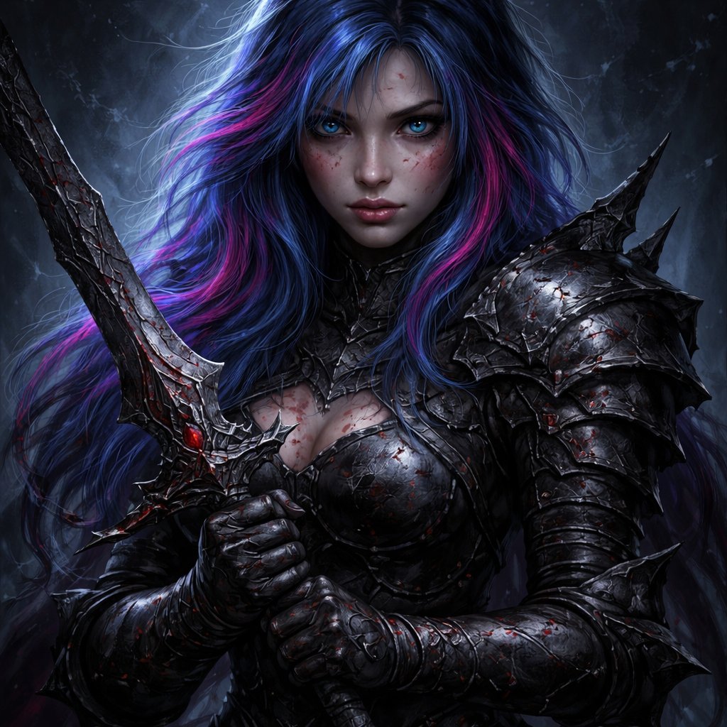 A 24 year old girl who has blue hair with pink stripes and has blue eyes. She looks strong and ready to fight.