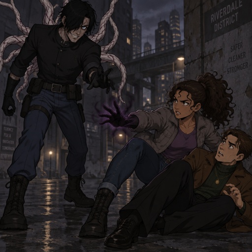 Male, black messy greasy hair, shoulder length hair in the back, long hair in the front covering one eye, blue eyes, eye bags, veins under eyes, pale tendrils coming out of back with veins, blue pants, boots, black rubber gloves, short scientist jacket buttoned up, belt with pouch, evil smile, Female, tan skin, brown eyes, pointy nose, curly ponytail, curl in the middle of her forehead, grey jacket rolled up sleeves, jeans, boots, purple shirt, death touch, Male, on the ground scared, brushed back slightly messy brown hair, two hair strands in face, brown eyes, brown nice jacket, green turtleneck, gold necklace, black pants, nice shoes, girl is protecting the male with brown hair from the male with black hair, intense, city background 