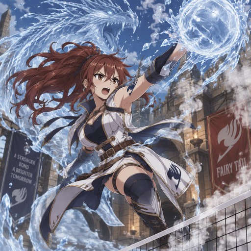 a femail water dragon slayer with brown redishish hair likes volleyball and can freeze water and make it into steam with her showing of her powers 

more clothes and make her look like she is using her power to make a ice volleyball that she is spiking (based on Fairy Tail) add more fairy tail vibe to it