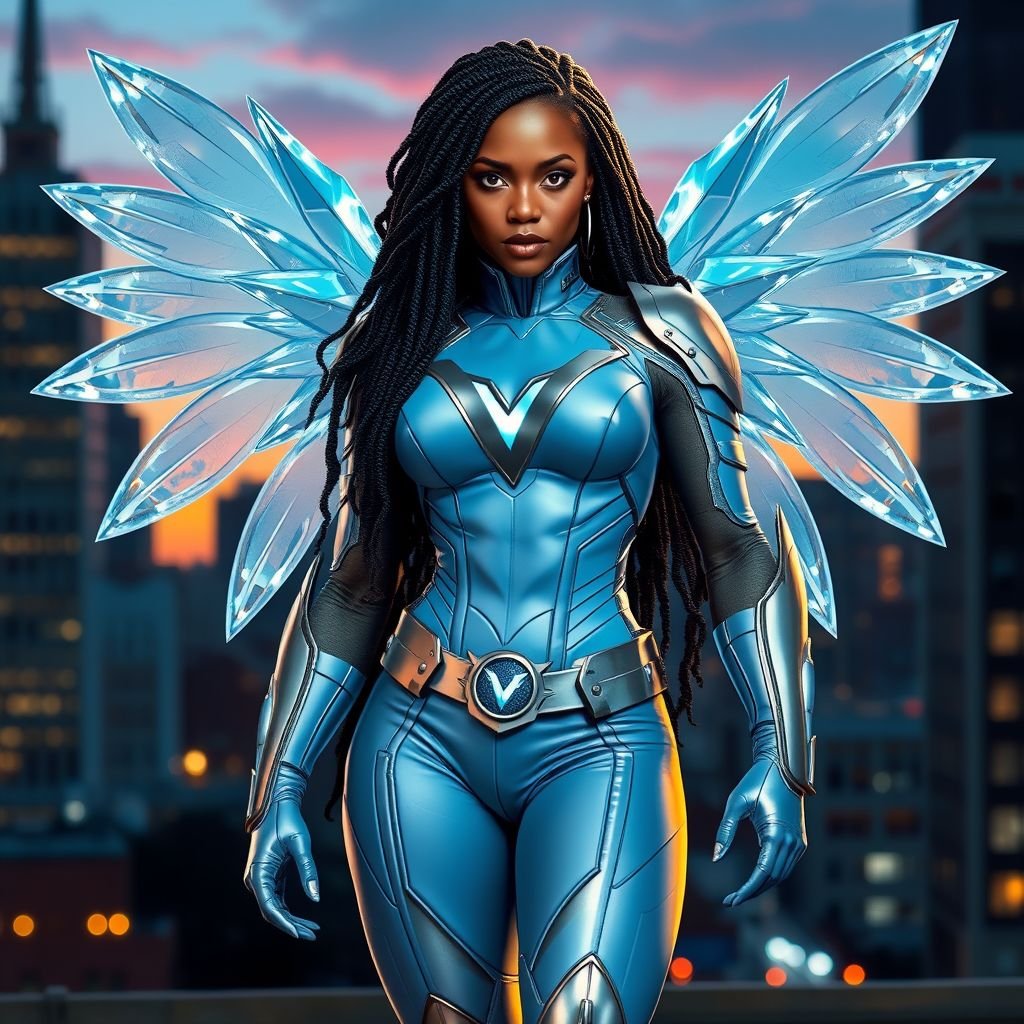 African American female superhero with locs in a shoulder length style wearing a leather slightly armored light blue and silver suit with light blue pants and silver boots and a V as her chest emblem with crystal wings standing in Philadelphia at dusk