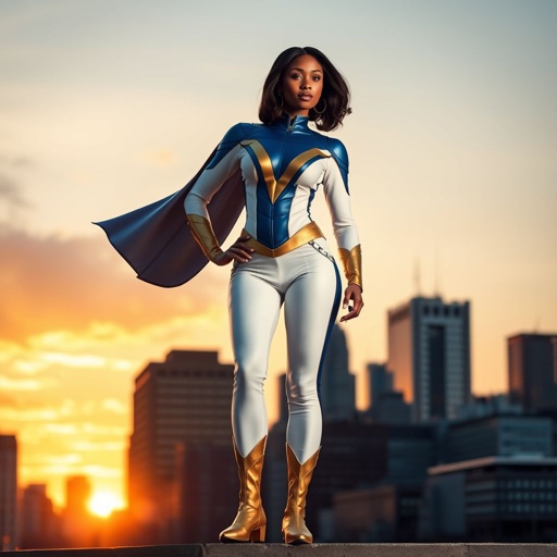 African American female superhero with shoulder length hair in a side part style and  wearing a slightly homemade  white blue and gold suit with white pants with a stylized V as her chest emblem wearing gold flat boots made of gold standing in Philadelphia at dusk