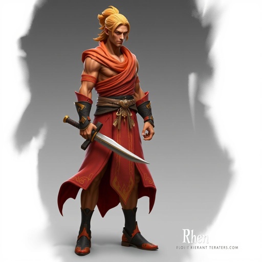 Create handsome hero  Rhen the Fire-Singer – A lean, muscular man. He wears layered, flowing desert robes dyed in warm reds and golds, with scorch marks where flames have licked them. A curved blade hangs at his hip.  Show her whole body head to toe including her shoes.