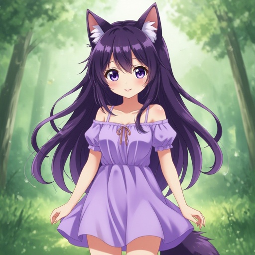 Cute wolf girl with long hair and a baby purple dress 