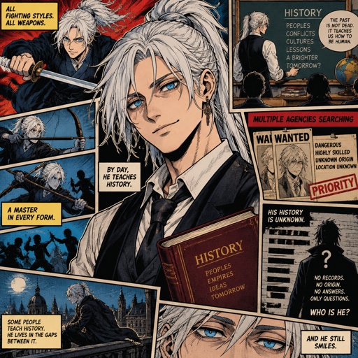 Anime style, male, highly skilled in fighting all fighting styles and weapons, bright blue eyes, white Japanese ponytail hair, white skin, eye bags, teaches history, earring, soft smile, agency trying to locate him, history unknown