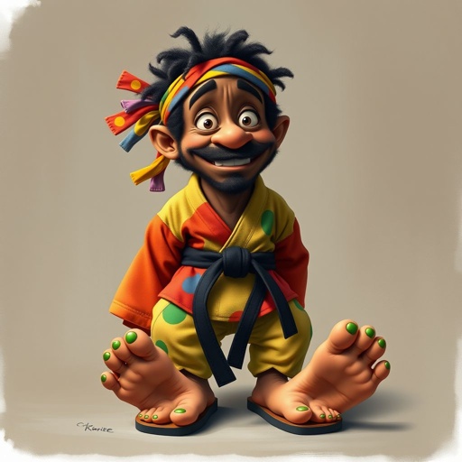 Create a character who looks like a funny African karate guy who doesn’t have a clue what he is doing. Make him have weird toes