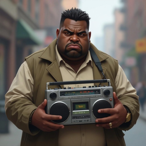 Create a kinda dark skin funny fat guy who isnt friendly from New York  has a boom box radio and is a stoner 