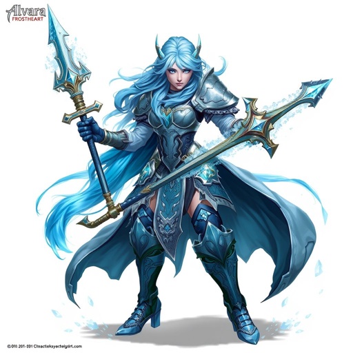 Create a battle woman hero called Alvara the Frostheart. Show full body head to toe including shoes 