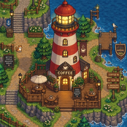 Coffee shop made from a lighthouse for a fantasy game set in modern times, exterior, top-down style