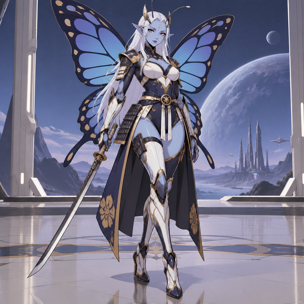 A gorgeous alien butterfly woman in a futuristic space samurai armor. Show whole body.