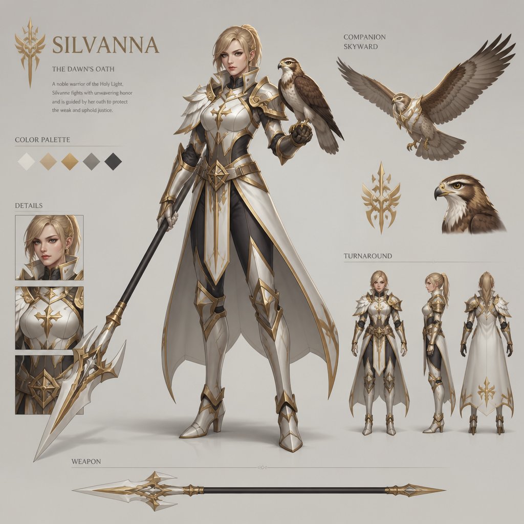 female warrior named silvanna, blonde, white gold, hawk companion
