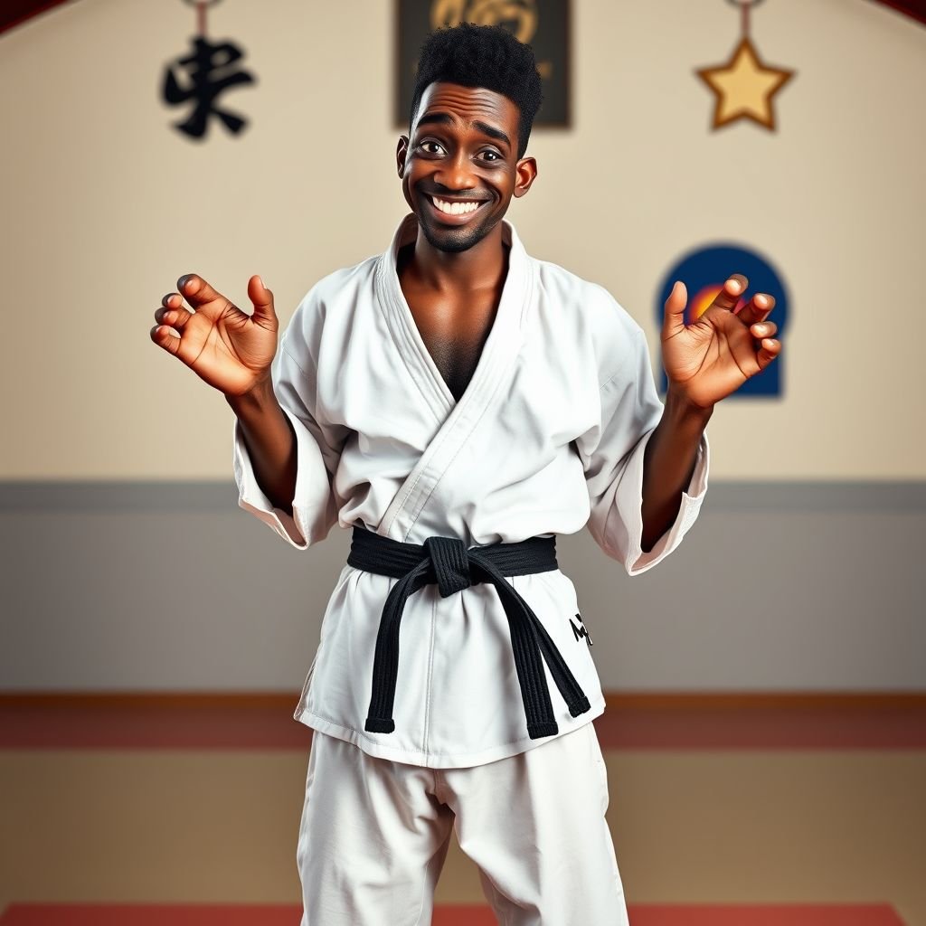 Create a character who looks like a funny African karate guy who doesn’t have a clue what he is doing. Make him have weird toes, only speedos on and a black karate belt. Make him tal skinny and slinky.