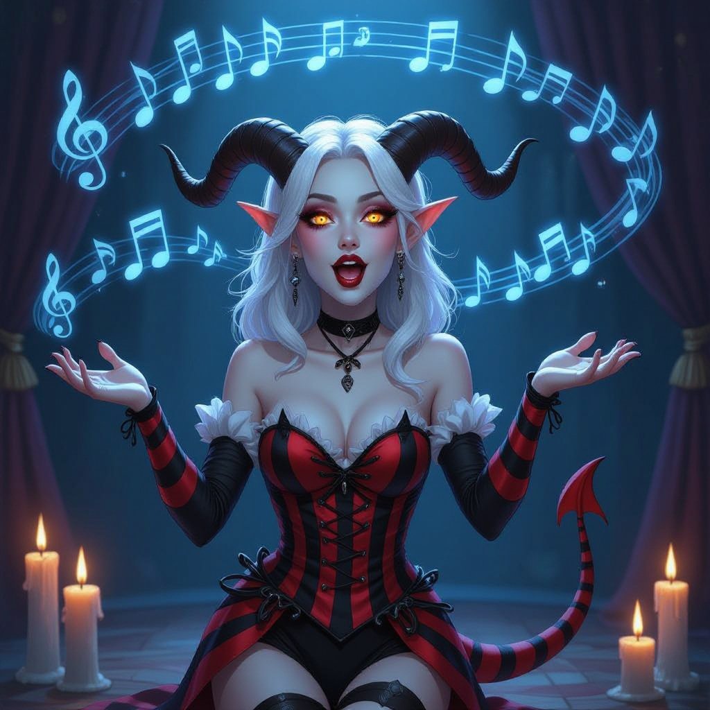 A semi-realistic fantasy portrait of Evangeline Ivey, the Fierna Tiefling Bard of the College of Glamour, captured mid-performance on her candlelit stage.  She stands full-body beneath soft golden light, ivory curtains draped behind her, and glowing blue musical notes spiraling through the air as if alive with her magic. Her porcelain-pale skin (#F3EDEB) gleams in the warm light, contrasting against her long silver-white hair (#D6D6DA) cascading around her shoulders. Her amber-gold eyes (#C88C21) are wide with theatrical expression, her mouth open in mid-song or gasp. Dark brown ridged horns (#4A3A2C) curve elegantly from her brow, and her pale devil’s tail curls behind her, tipped red-and-black like an exclamation mark of performance.  Outfit — “Infernal Mime” Parody Costume: • Black-and-deep-red striped bodice with suspenders and gold buckles • Short flared skirt trimmed with faint gold edge • Matching striped thigh-high stockings and long fingerless gloves • Red silk neck scarf tied neatly at her throat • Black heeled shoes and beret with her horns peeking through  Scene & Lighting: Warm candlelight and soft shadows create a theatrical glow across the stage floor and her form. The air is alive with faint magical motes shaped like music notes, curling around her in shimmering blue light.  Mood & Expression: Expressive, whimsical, and dramatic — a parody of classic mimes infused with bardic flair. Evangeline’s pose is mid-gesture, both hands raised as if she’s frozen between song and spell, her eyes alight with mischievous emotion and glamourous command.