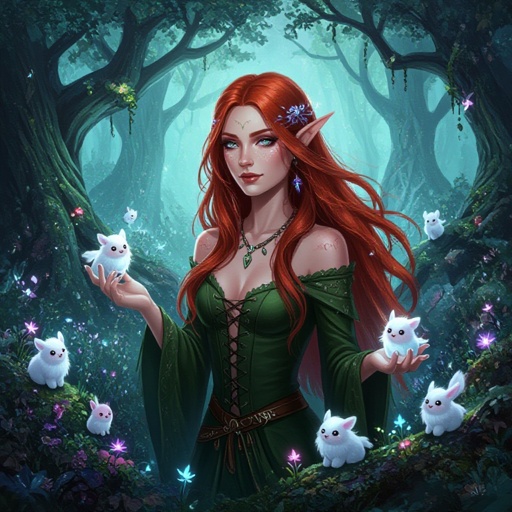 witch with long shimmering red hair and skin with small fluffy creatures around her 