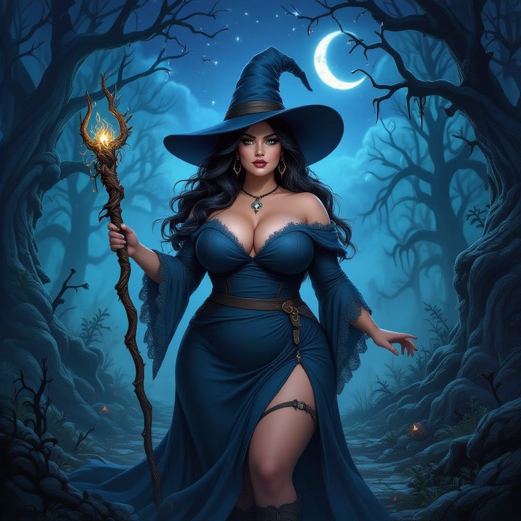 A full body portrait of a curvey plus size witch with long hair and a very dark grey-blue witch hat that matches with her dress with a wand in her hand, standing in a rotting forest