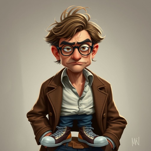 Create an adult character who is a goofy looking detective, who is confident. But funny looking and grouchy and looks tired . With cool shoes on.