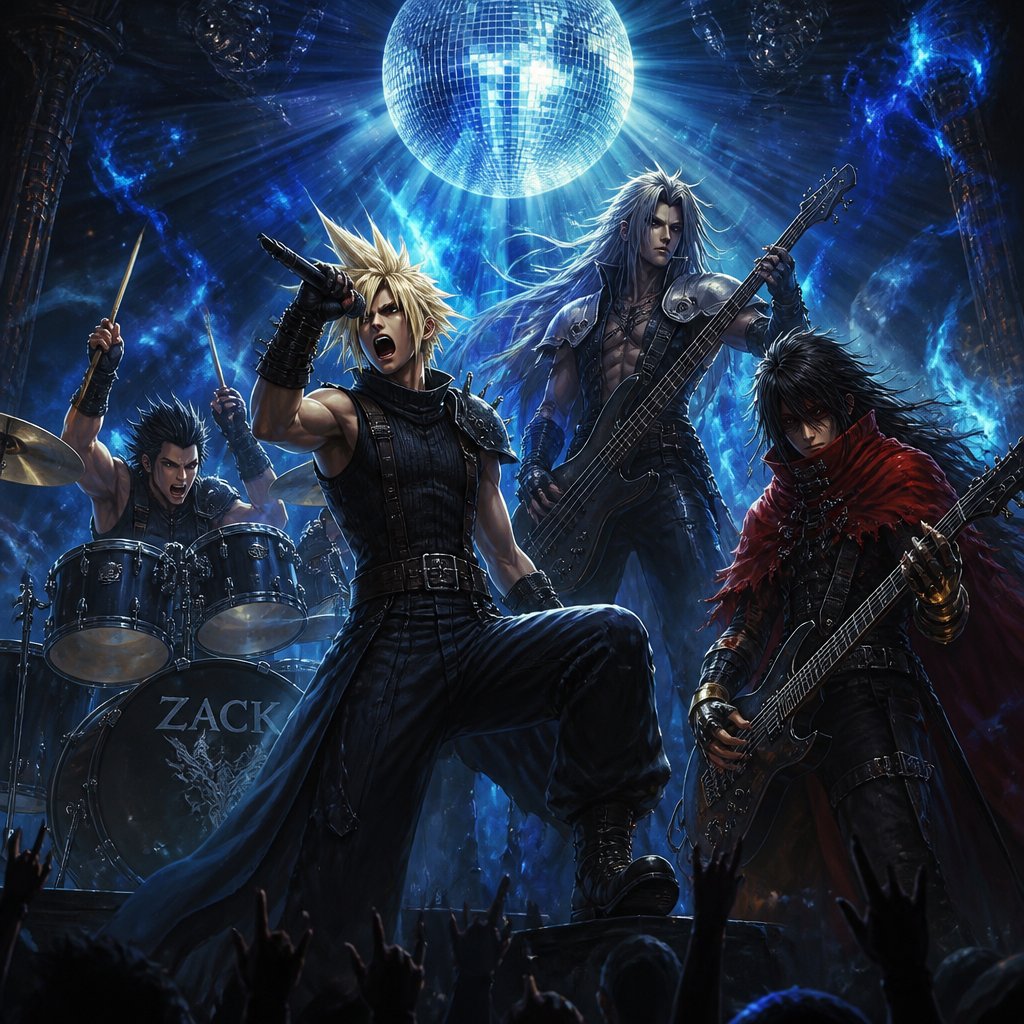 Cloud Zack Sephiroth and Vincent from ff7 cloud singing heavy metal and Zack aggressively playing drums Sephiroth viciously playing base and Vince viciously playing the guitar on a stage with a disco ball