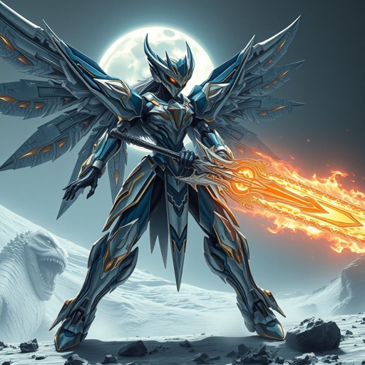 A blue white and gold feminine built mech with a giant flaming sword and metal wings fighting a kaiju on the moon