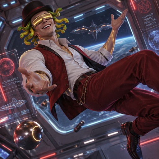Male, white button up shirt, red vest unbuttoned, red pants, bowler hat, metal covering eyes, big smile, green tips yellow snake hair short,