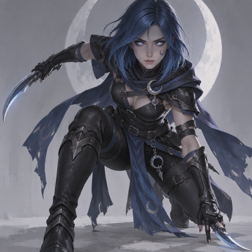 assassin name luna, moon eyes, moon mark, blue long bob