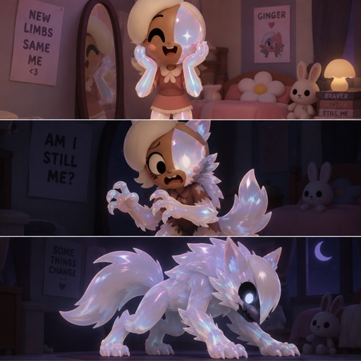 Ginger from Dandys world in her room enjoying her new Opalite legs and arms and face piece in one scene and the middle one she’s half Opalite werewolf and she’s scared and the last one she’s fully transformed 