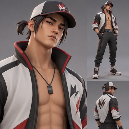 Carter wu from Fortnite, short ponytail hair on the side of ears, jacket with no shirt, cap, white black and red colors