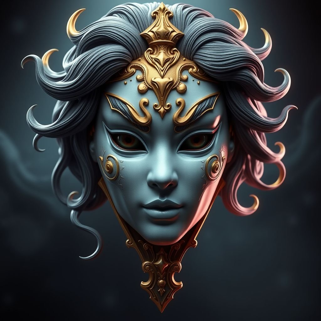 A porcelain female war mask with gold accents in the design of a face