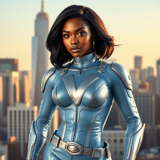 African American female superhero with a shoulder length side part hairstyle wearing a leather slightly armored light blue and silver suit with light blue pants and silver boots and a V as her chest emblem standing in Philadelphia during the day
