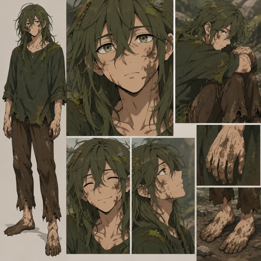 Male,long messy mossy green hair,long dark green shirt,dark brown pants,barefoot,muddy feet hands and skin, mud smeared on face,moss on hair cloths