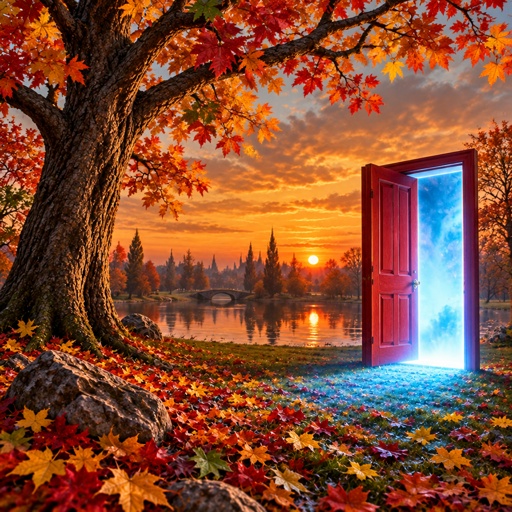 an open door in the middle of a field of leaves