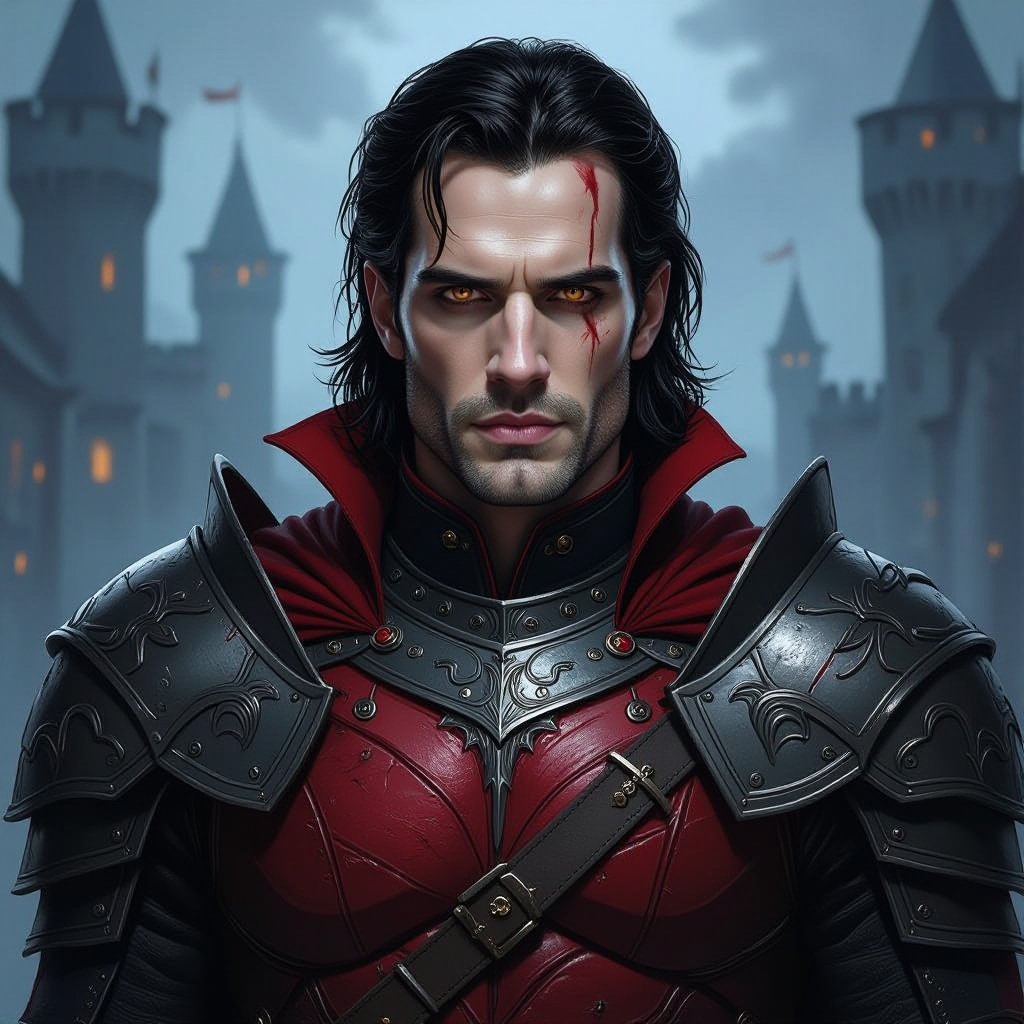 knight with his helmet off, dark hair, pale skin tone, red vampire armor, henry cavill like face, some scars, slicked back dark hair, full body portrait, night castle background