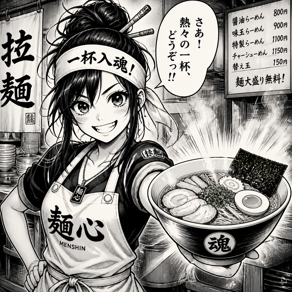 A cheerful ramen-chef heroine in an apron and headband with chopstick hairpins, grinning beside a steaming bowl glow.