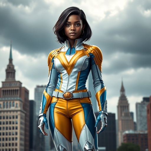 A teenage African American female superhero with hair in a shoulder length side part style  wearing a partially homemade white and Gold suit with blue accents and a stylized V as her chest emblem a utility belt and silver boots standing in Philadelphia during a cloudy day  