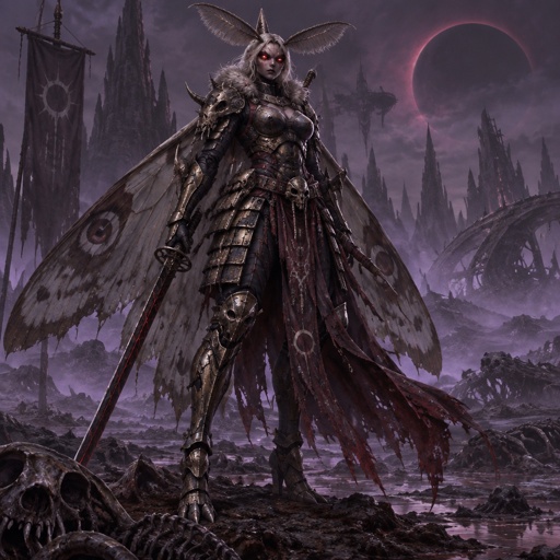 A gorgeous alien moth woman in a futuristic space samurai armor. Show whole body. 