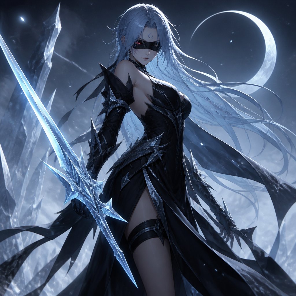 female blind fold light blue hair red eyes moon mark and ice sword black clothes