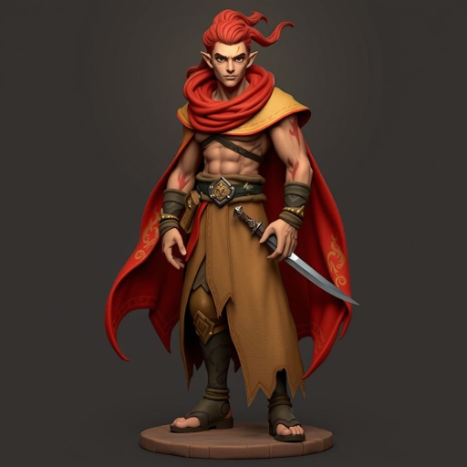 Create handsome guy name Rhen the Fire – A lean, muscular man. He wears layered, flowing desert robes dyed in warm reds and golds, with scorch marks where flames have licked them. A curved blade hangs at his hip. Show whole body head to toe including her shoes.