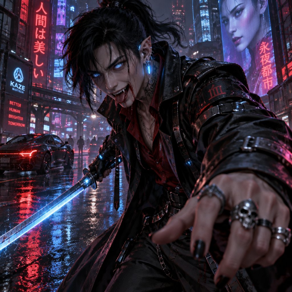 Male, Asian, black ponytail with side bangs on one side, blue eyes, trench coat, vampire, ear piercing, rings, pointy ears, sword, insane, red shirt