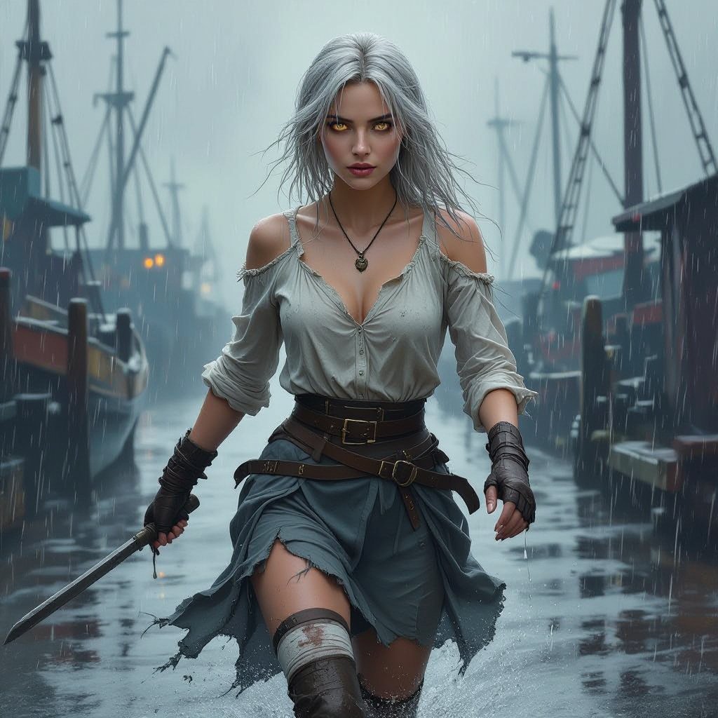 A painting of Maerriss Nex, a Half-Drow (Half-Elf) woman inspired by Emma Watson, running across the wet docks of Eendood in the pouring rain. Her skin is light ash-gray with faint violet undertones, and her eyes glow pale molten-gold with gray sclera. Her white-silver hair is loose, tangled, and soaked by wind and rain, whipping behind her. She wears a pale linen frilled blouse, visibly worn from her escape — the right shoulder seam torn, exposing only her collarbone, while the sleeves are dirt-stained, frayed, and ripped from catching on splintered docks. Her slate-gray reed-weave skirt follows the high-waisted, thigh-length pleated design from the reference: structured waistband, deep vertical pleats, and natural motion as she runs. The skirt is wet, heavy, and frayed at the edges with small tears at the hem. Her white thigh-high stockings are muddy and torn at one knee. She is missing her left boot, revealing a bare, wet, muddy foot, while her right boot remains laced, scuffed, and soaked. Rain glistens on the wooden planks beneath her as brass lanterns cast warm reflections across the puddles and fog. Her expression is fierce and determined, caught mid-stride, her blouse and skirt flaring with the motion, the storm wind and lantern glow giving the scene cinematic energy and realism. Run it