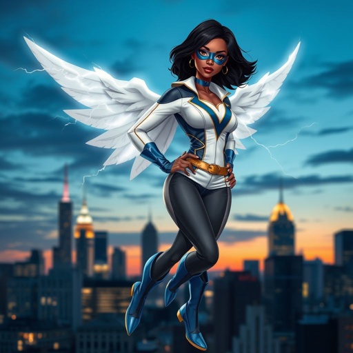 African American female superhero with shoulder length hair in a side part style and wings made of white lightning wearing a slightly homemade  white blue and black suit with black pants with a stylized V as her chest emblem wearing blue flat boots made of gold standing in Philadelphia at dusk