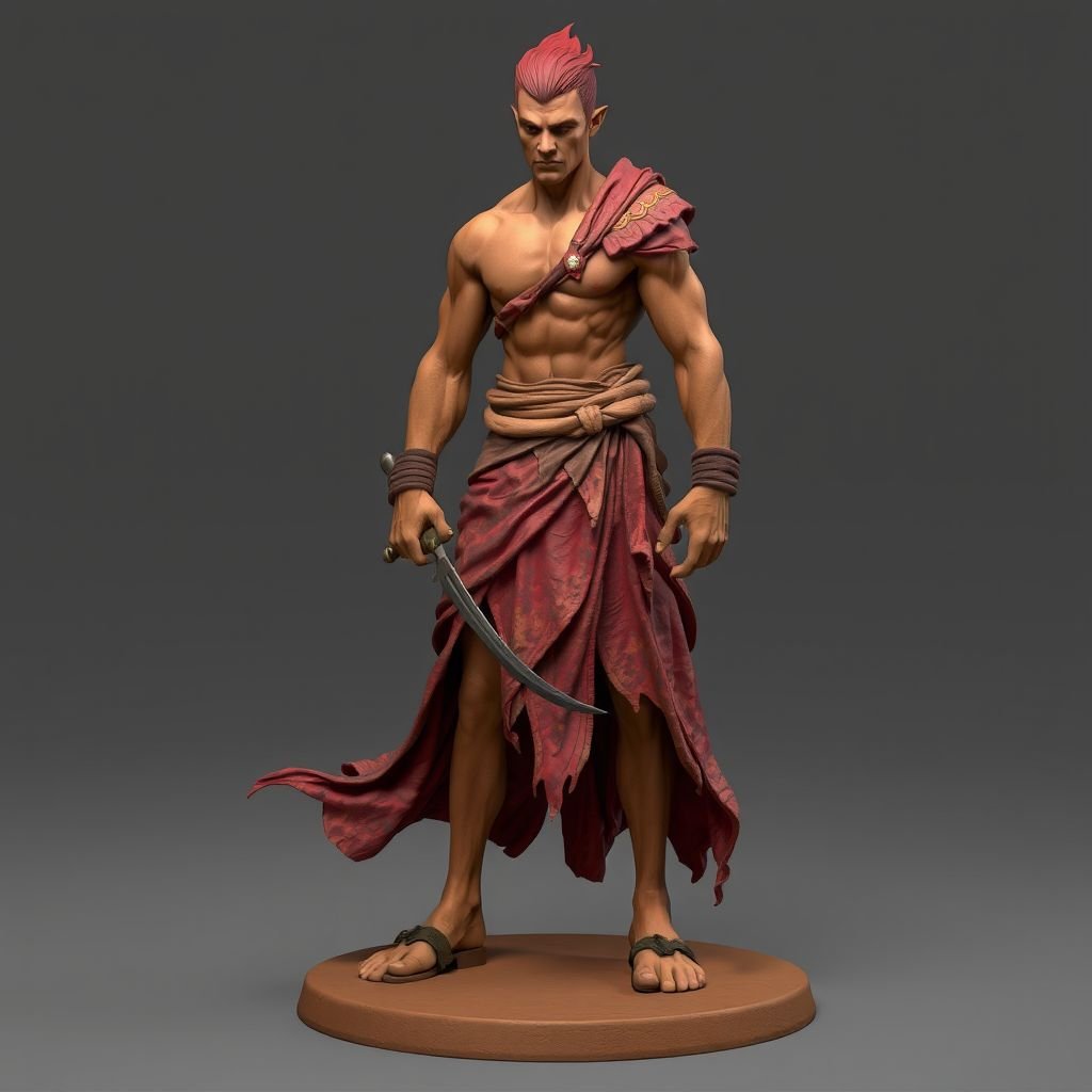 Create handsome hero  Rhen the Fire – A lean, muscular man. He wears layered, flowing desert robes dyed in warm reds and golds, with scorch marks where flames have licked them. A curved blade hangs at his hip.  Show whole body head to toe including her shoes.