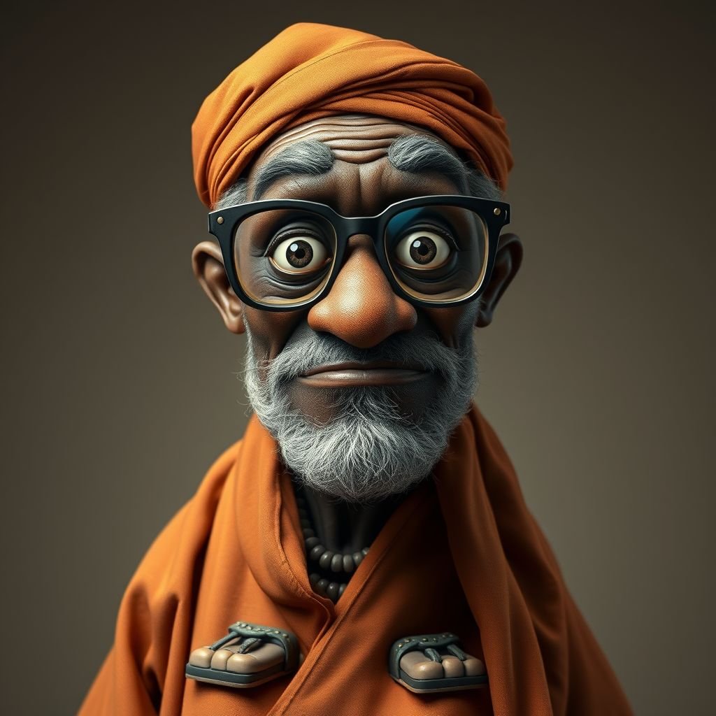 Create a funny looking African sensei. Show the whole character from head, body , legs , feet and make him serious. 