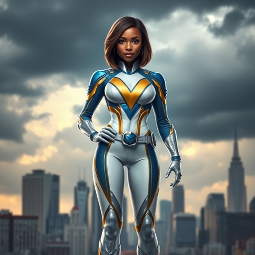 A teenage African American female superhero with hair in a shoulder length side part style wearing a partially white and Gold suit with blue accents and a stylized V as her chest emblem a utility belt and silver boots standing in Philadelphia during a cloudy day