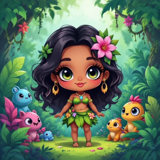 Create a chibi character lady who lives in the jungle, make her kinda dark skin