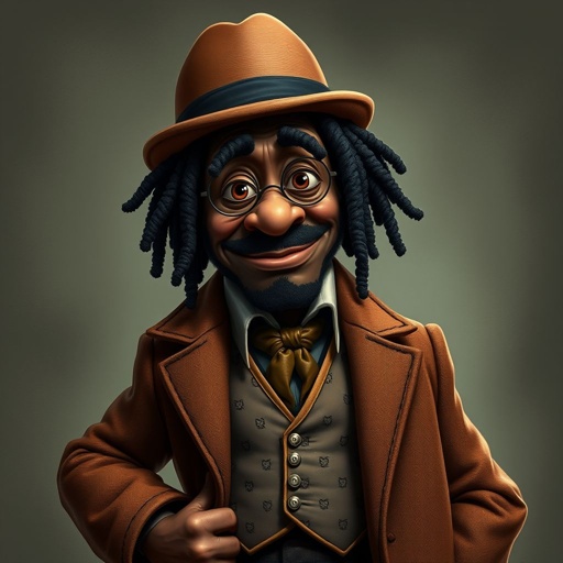 Create a funny serious fat character similar to Sherlock Holmes, but make him of black decent and with dread locks. Show his whole outfit including his shoes.