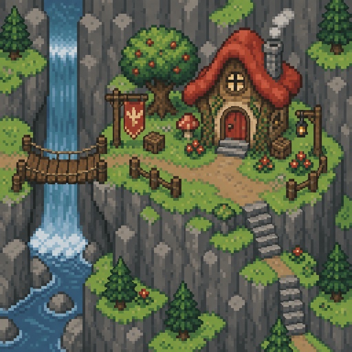 Fairy House on a mountain side platform for a fantasy game set in modern times, exterior, top down style