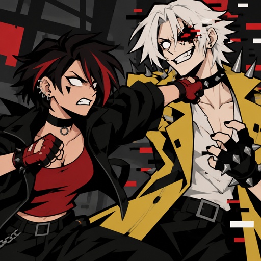 Female, black hair red streaks, messy hair, one side medium length other side shirt hair, white eyes, black spike under eye, ear piercings, choker, black jacket with puffed sleeves, red shirt, fingerless red gloves, angry, Male, slim, cheekbones, white hair, smooth on top spiky on the bottom, neck length, white eyes, yellow trench coat, metal spike shoulder pads, black choker, low cut white shirt, fingerless gloves with spikes, insane smile, glitch powers, one missing glitchy eye, fighting the other