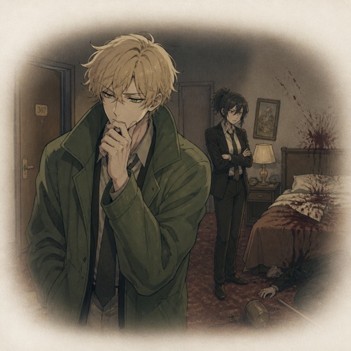 Anime Male great detective takes his job real seriously and is really good at it in his mid 20s with medium really crazy messy light blonde hair, tall thin, tied, strange green eyes wearing a baggy loose mossy green jacket tired face thinking hard about the crime scene and talking to his partner about it, partner looking annoyed at him but also concerned about him but also trying to take this case seriously they are talking about the crime scene and what could have happened and who would do this, crime scene is in hotel room, very gruesome one, no one new the person was even there and was only found out today making it harder to figure it out but the detective won't give up and do whatever he can His past was not great his was hatted by family full picture 