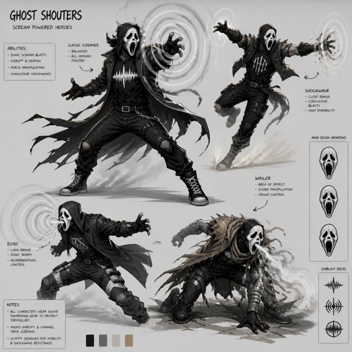 Male superhero with scream powers, mask looks like the the ghost face mask, multiple of the same character 