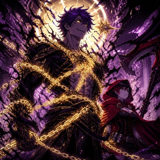 Anime style, Agent Ward a male, made in a secret lab to be best weapon and good at everything, highly skilled,be kept in check and have an emergency backup in case he gets out of control, Wards hair a messy bun hair color violet, is clean shaven, yellow night vision eyes, sharp teeth,has a dark power energy from experiments,best agent, in late 20s, tired, tall, eyes sensitive to light, easily migraines, likes making jokes, mischievous and dangerous,grins, hates being told what to do, intimidating, laugh like a maniac cares about his partner ruby rose she's dark skin serious plays by the rules and firm but nice to ward them standing together ruby arguing to wards “stop being so intimidating you’re going to give are suspect a hart attack!” Ward says “what I’m just making the job go faster he’s fun and was very helpful “ he proceeds to laugh ruby says under her breath “this isn’t funny” as a comic 