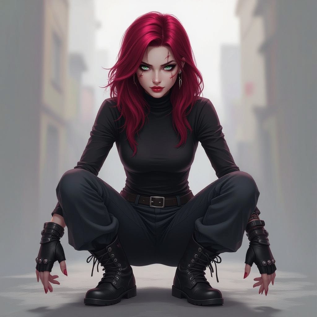 Full body Pale skin, grey eyes, sharp canines and molars, dark red fluffy hair, small scars over body. Wears skin tight long sleeves and baggy pants, metal boots and black leather fingerless gloves.
