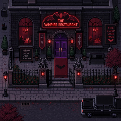 Vampire restaurant for a fantasy game set in modern times, exterior, top-down style